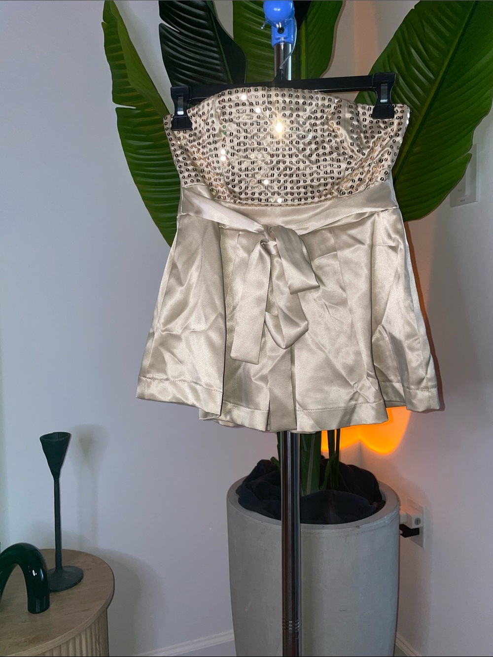 just be Cream Strapless Skater Skirt with Jeweled Bodice